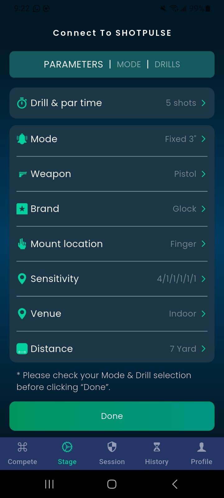 ShotPulse session parameters screen